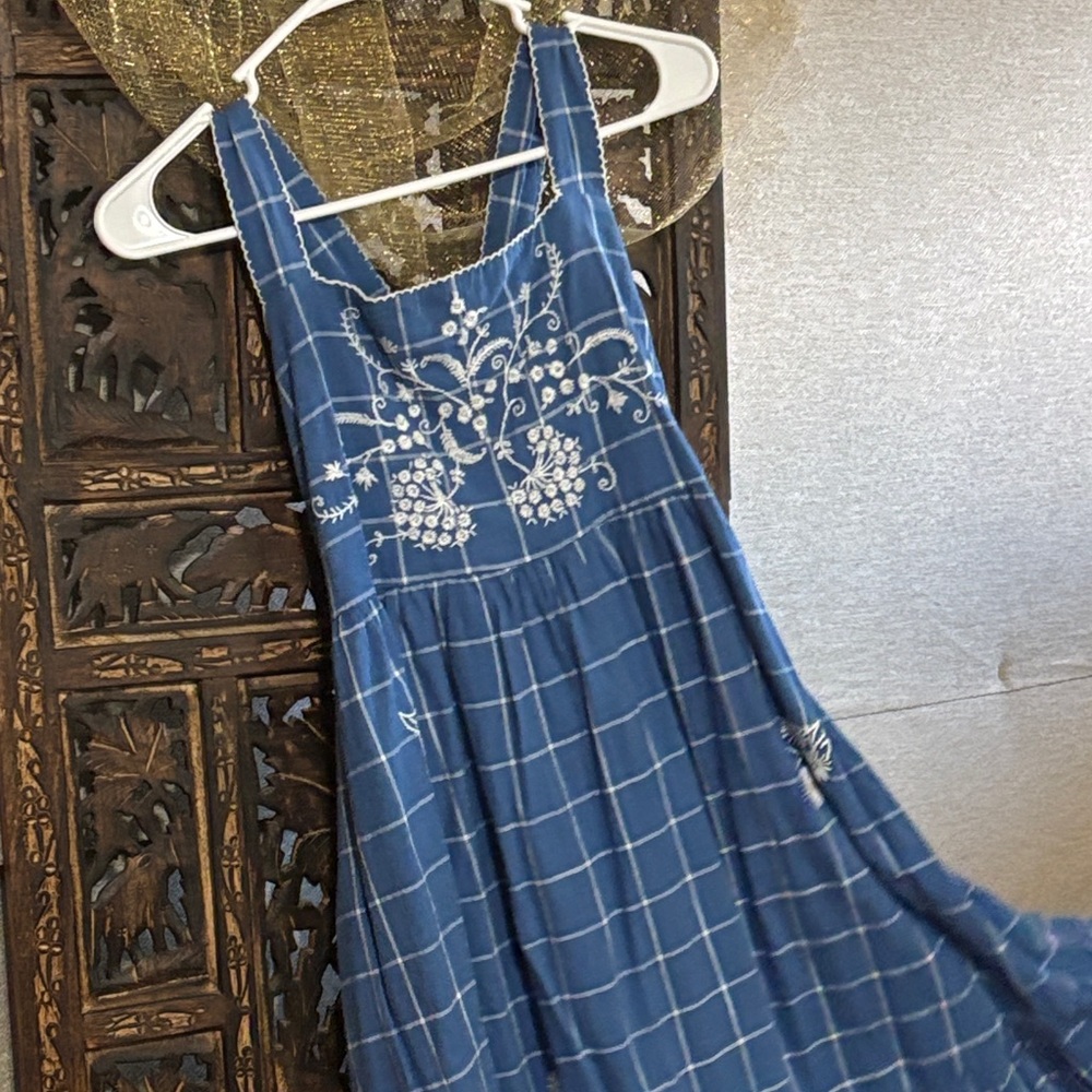 Madewell Blue Checkered Embroidered Dress